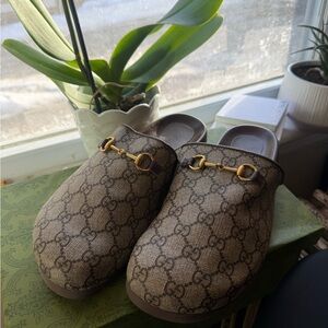 Beige Monogram Clogs with Gold Accents